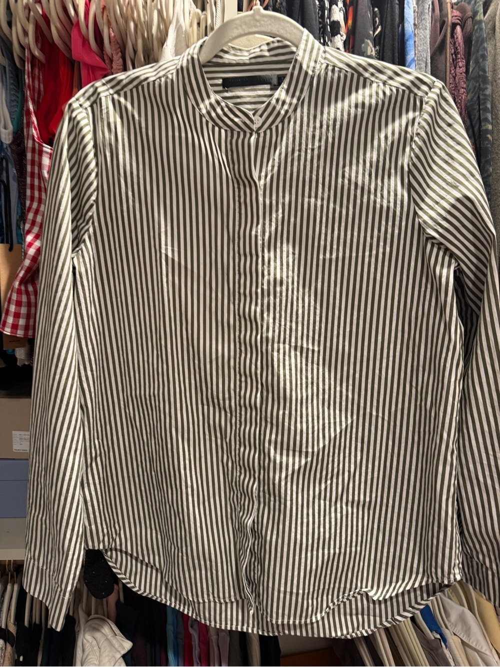 Jenni Kayne Women’s Vertical Stripe Cotton Button Down Shirt - Olive & White
